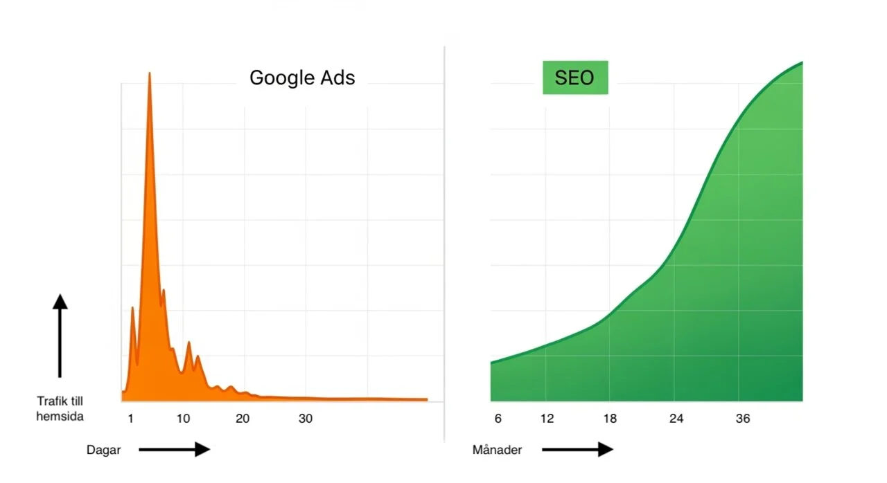 Tidslinje Google Ads vs SEO - snabba resultat vs långsiktig tillväxt