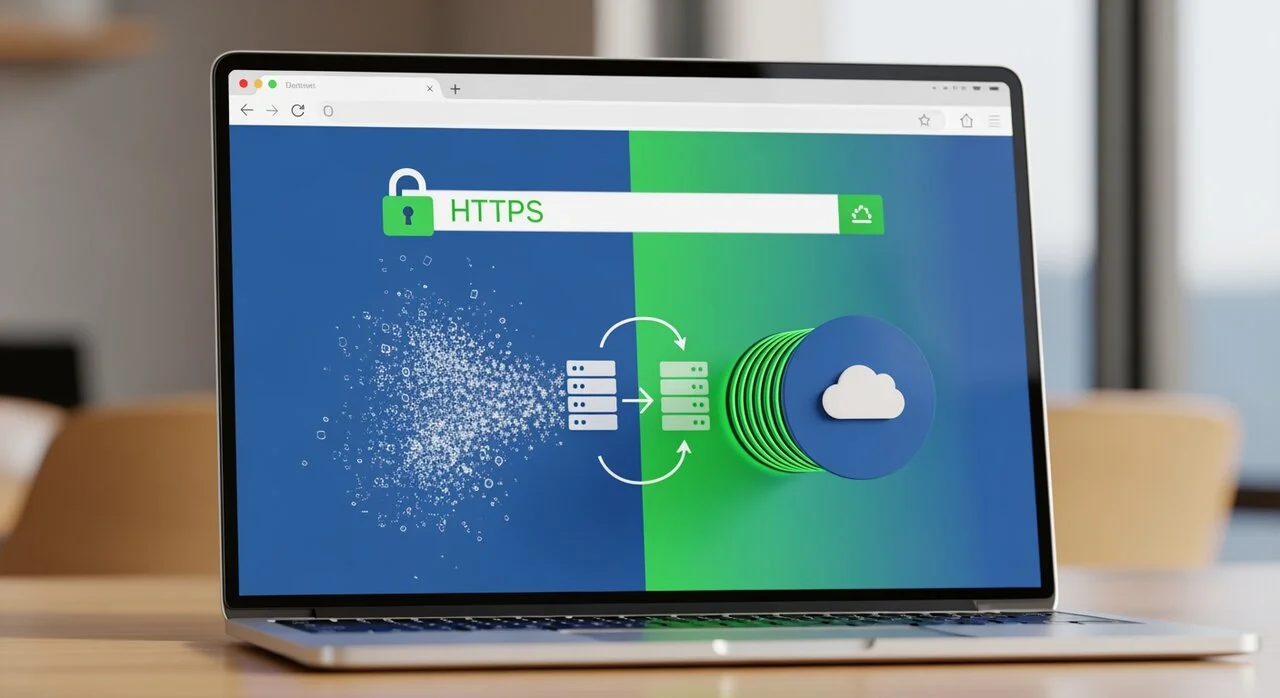 Säker HTTPS-anslutning med krypterad data mellan webbläsare och server