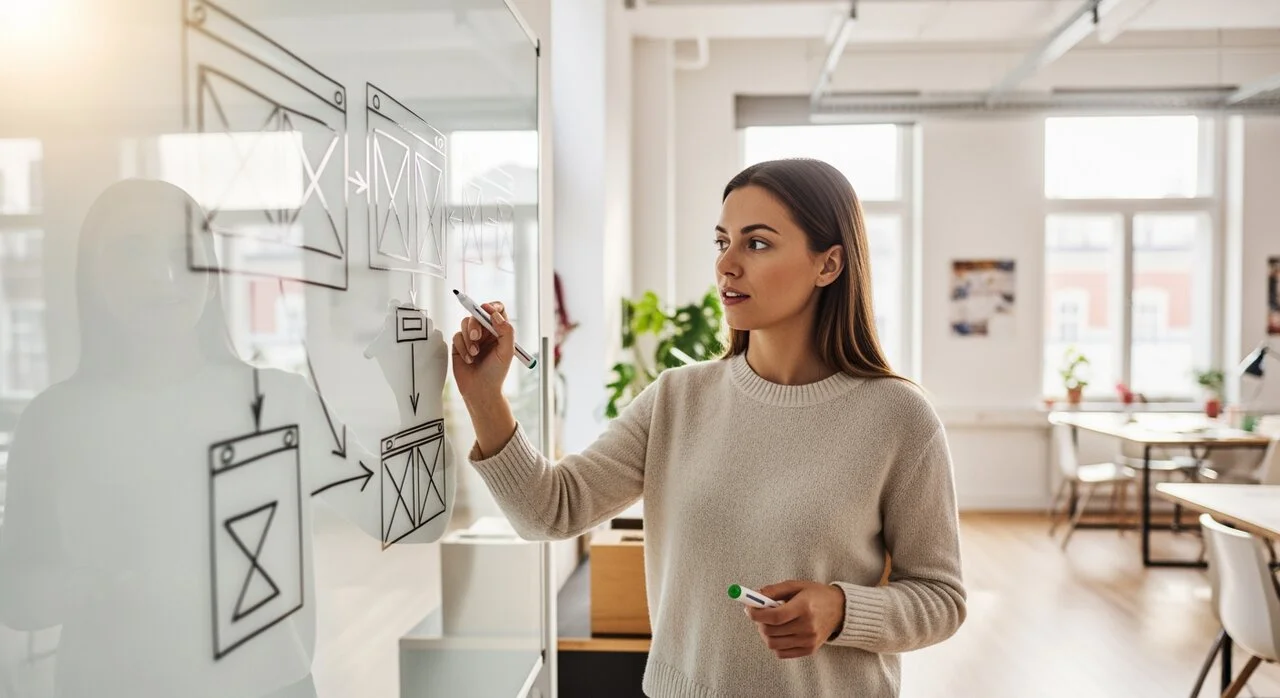 Webbdesigner skissar wireframes och UX-flöden på whiteboard i modernt kontor