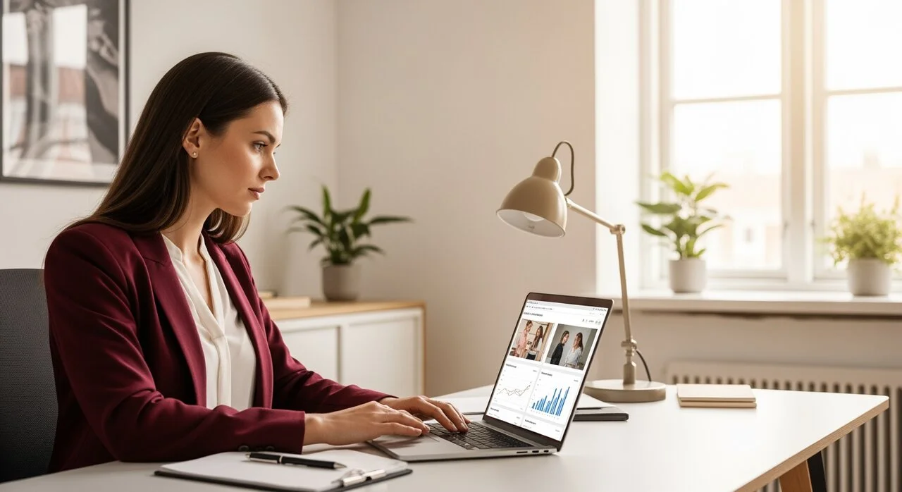 E-handelsansvarig uppdaterar produkter och lager på laptop i modernt kontorsmiljö