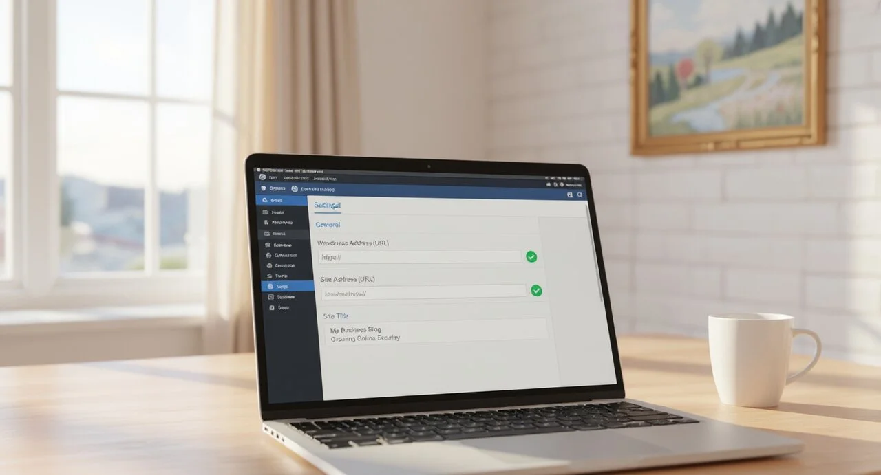WordPress-inställningar visar HTTPS-konfiguration med säkra URL:er