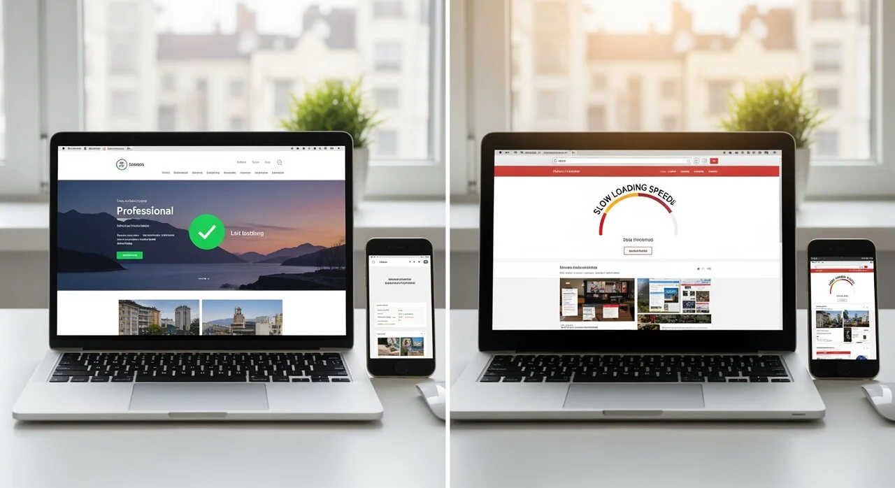 Jämförelse mellan bra och dålig webbdesign - snabb vs långsam laddningstid, responsiv vs trasig mobilvy